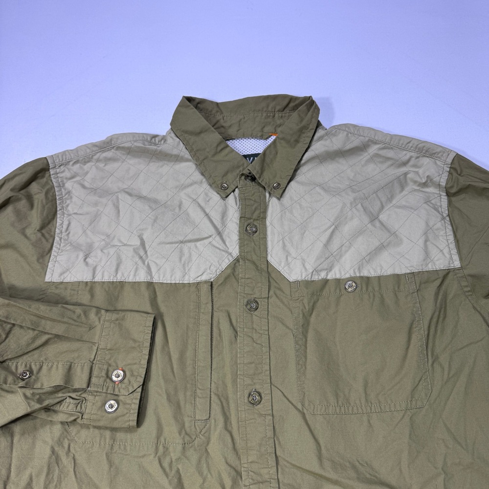 Orvis Mens Large Shooting Shirt Olive Green Shoulder Hunting Fishing Vented